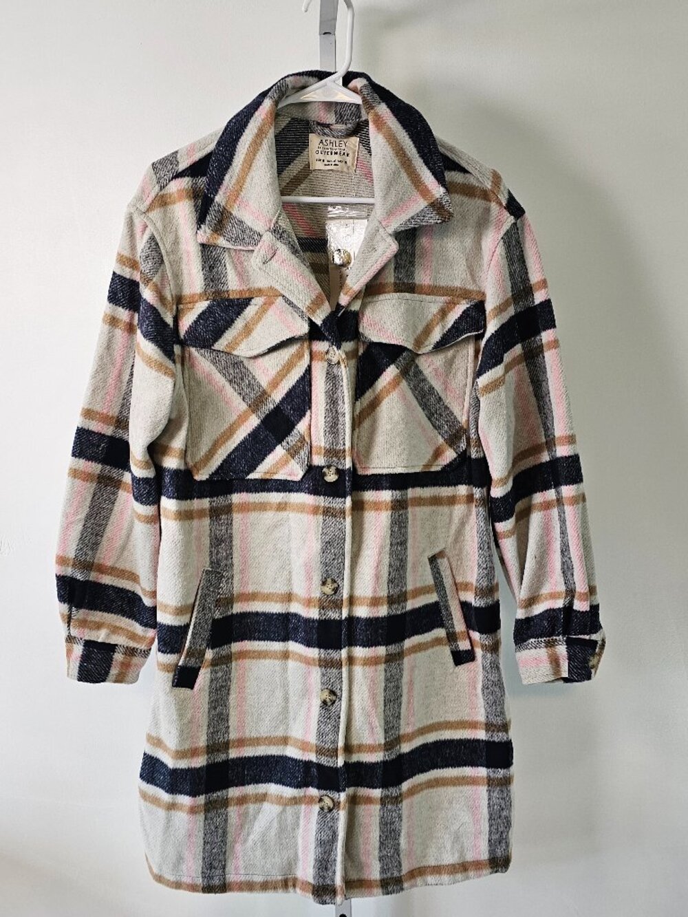 Ashley International Coat Plaid Flannel Preppy Casual Ivory Blue M NWT